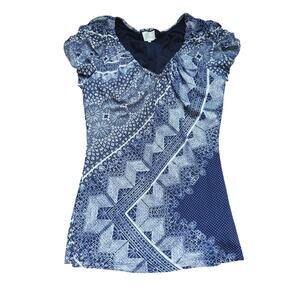 Deletta Boho Cottagecore Geometric Cap Sleeve Blouse Medium Blue Fairy Hippie